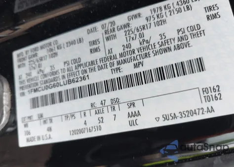 2020 Ford Escape Se z USA, uszkodzony, nr VIN 1FMCU0G60LUB62361